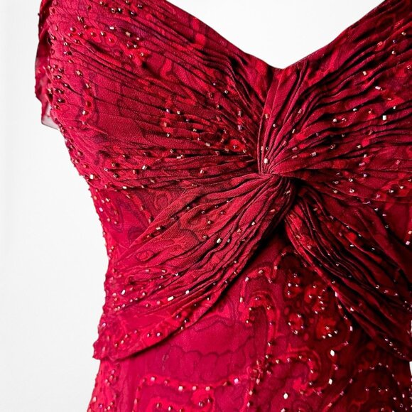 Vintage Red Beaded Fit Flared Silk Bodycon Maxi Prom Scarf Dress Size S/M - Picture 8 of 11